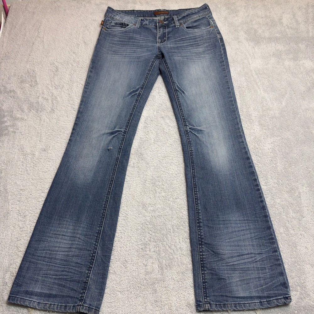 Jeans De Fleur Bootcut Jeans Womens Blue Fleur De Lis Embroidered Low Rise Y2K